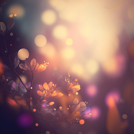 Abstract fairy tale blurred background with flower plant elements and bokeh lights. AI generated.の素材