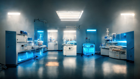 Abstract scientific medical interior blurred background. blue light. medical research concept. AI render.の素材