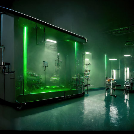 Abstract scientific medical interior blurred background. green light. medical research concept. AI render.の素材