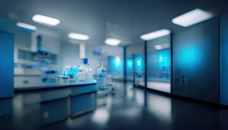 Abstract scientific medical interior blurred background. blue light. medical research concept. AI render.の素材