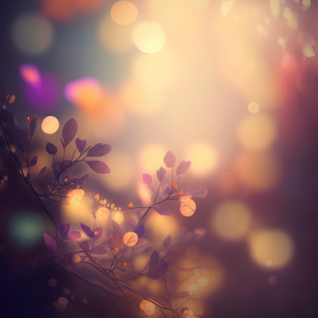 Abstract fairy tale blurred background with flower plant elements and bokeh lights. AI generated.の素材