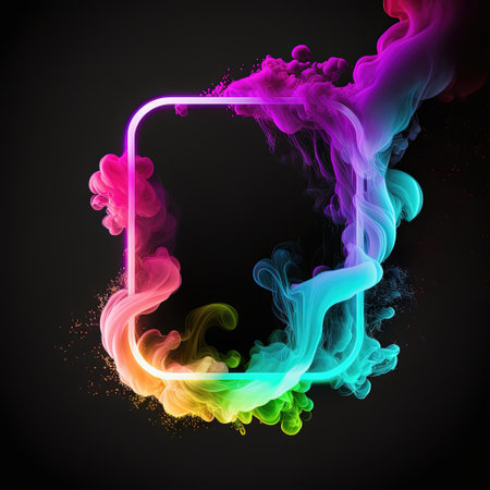 Abstract 3D frame with puffs of colorful smoke and neon light on a black background. AI generated.の素材