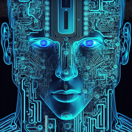 artificial intelligence virtual character. Alien portrait for concept design. Retro future 3D render illustration. Blue glow light with computer board elements. AI render.の素材