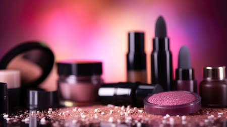 Abstract pink glitter background with professional make-up products. luxury beauty industry accessories. Generative AI.の素材