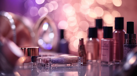 Abstract pink glitter background with professional make-up products. luxury beauty industry accessories. Generative AI.の素材