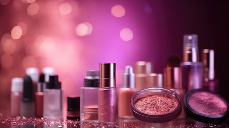 Abstract pink glitter background with professional make-up products. luxury beauty industry accessories. Generative AI.の素材