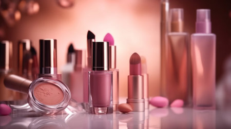 Abstract pink glitter background with professional make-up products. luxury beauty industry accessories. Generative AI.の素材