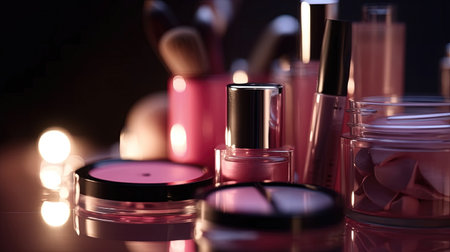 Abstract pink glitter background with professional make-up products. luxury beauty industry accessories. Generative AI.の素材
