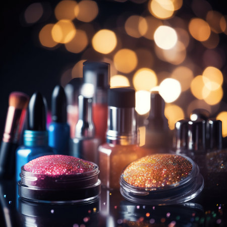 Abstract colorful glittering background with professional make-up products. Generative AI.の素材