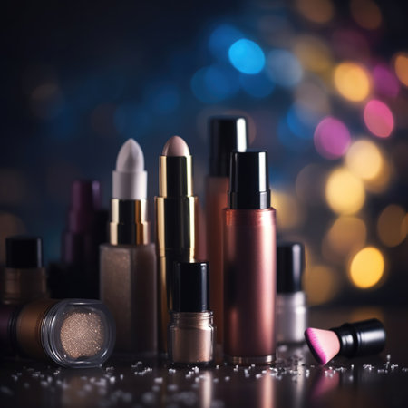 Abstract colorful glittering background with professional make-up products. Generative AI.の素材