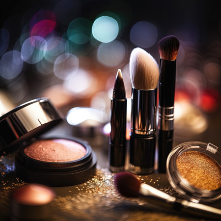Abstract colorful glittering background with professional make-up products. Generative AI.の素材