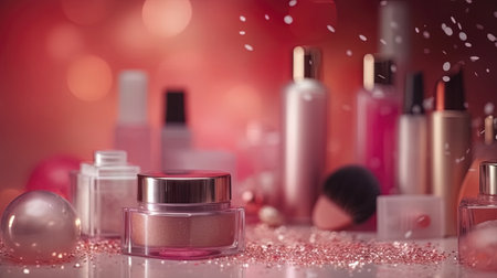 Abstract colorful glittering background with professional make-up products. Generative AI.の素材