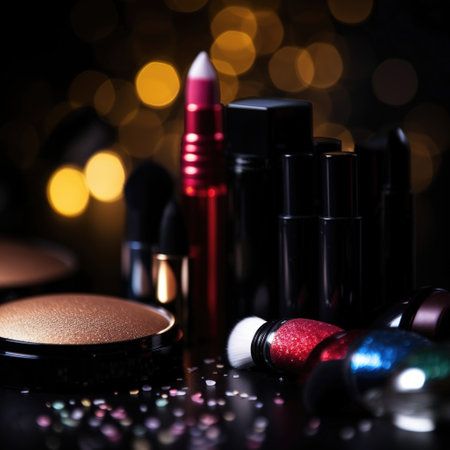 Abstract colorful glittering background with professional make-up products. Generative AI.の素材