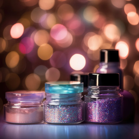 Abstract colorful glittering background with professional make-up products. Generative AI.の素材