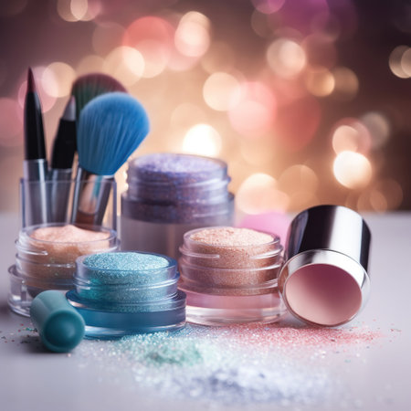 Abstract colorful glittering background with professional make-up products. Generative AI.の素材