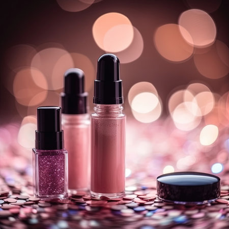 Abstract colorful glittering background with professional make-up products. Generative AI.の素材