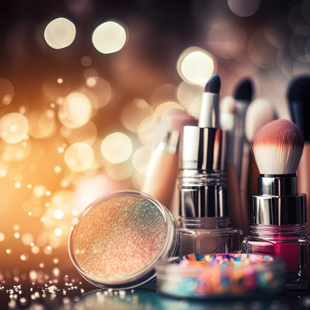 Abstract colorful glittering background with professional make-up products. Generative AI.の素材