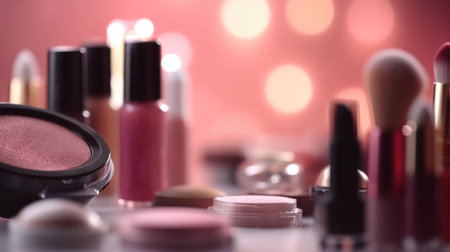 Abstract colorful glittering background with professional make-up products. Generative AI.の素材