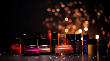 Professional make-up products with black backdrop. luxury beauty industry accessories. Generative AIの素材