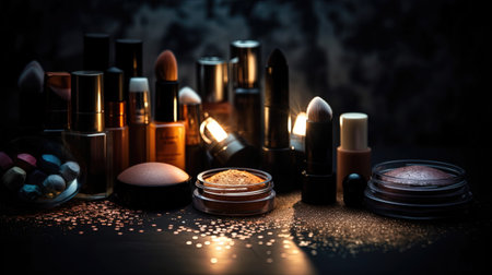 Professional make-up products with black backdrop. luxury beauty industry accessories. Generative AIの素材
