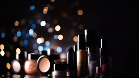 Professional make-up products with black backdrop. luxury beauty industry accessories. Generative AIの素材