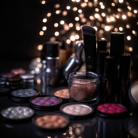 Professional make-up products with black backdrop. luxury beauty industry accessories. Generative AIの素材