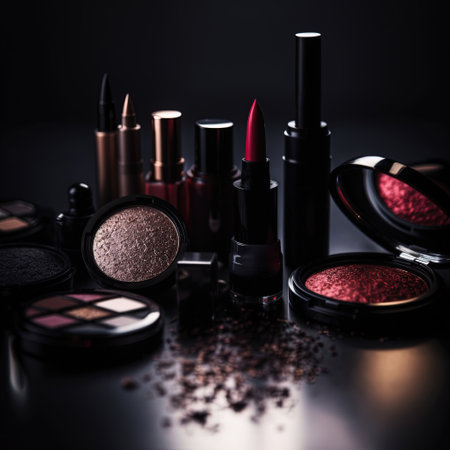 Professional make-up products with black backdrop. luxury beauty industry accessories. Generative AIの素材