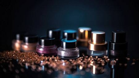 Professional make-up products with black backdrop. luxury beauty industry accessories. Generative AIの素材
