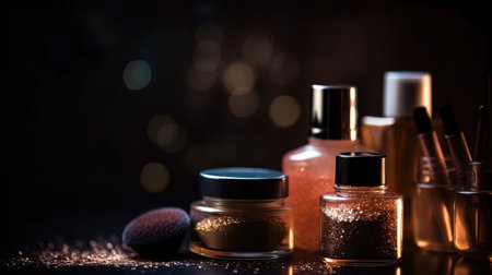 Professional make-up products with black backdrop. luxury beauty industry accessories. Generative AIの素材