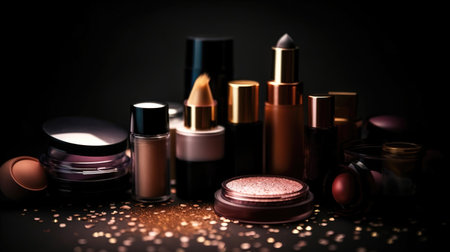 Professional make-up products with black backdrop. luxury beauty industry accessories. Generative AIの素材