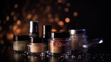Professional make-up products with black backdrop. luxury beauty industry accessories. Generative AIの素材