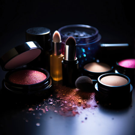 Professional make-up products with black backdrop. luxury beauty industry accessories. Generative AIの素材