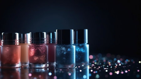 Professional make-up products with black backdrop. luxury beauty industry accessories. Generative AIの素材