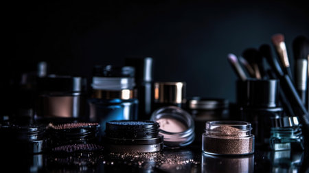 Professional make-up products with black backdrop. luxury beauty industry accessories. Generative AIの素材