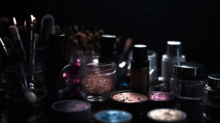 Professional make-up products with black backdrop. luxury beauty industry accessories. Generative AIの素材