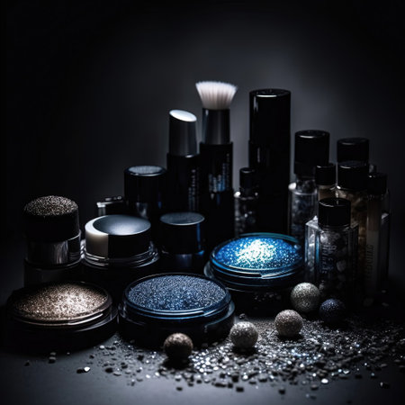 Professional make-up products with black backdrop. luxury beauty industry accessories. Generative AIの素材