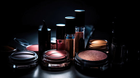 Professional make-up products with black backdrop. luxury beauty industry accessories. Generative AIの素材