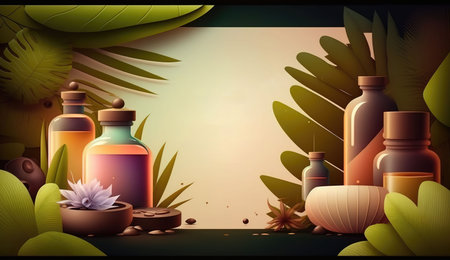 Soothing spa background with essential oil bottles and fresh green leaves. Ideal for promoting wellness, relaxation, and self care. Created with generative AIの素材