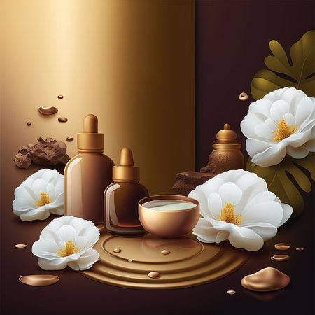 An elegant illustration featuring spa and body care products on a brown background. Perfect for projects related to wellness, relaxation, and beauty. The natural elements and calming color scheme. Generative AI.の素材