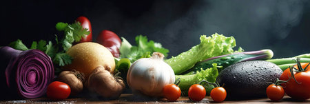 Big set organic food. fresh raw vegetables. On a black background. Generative AIの素材
