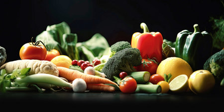 Big set organic food. fresh raw vegetables. On a black background. Generative AIの素材