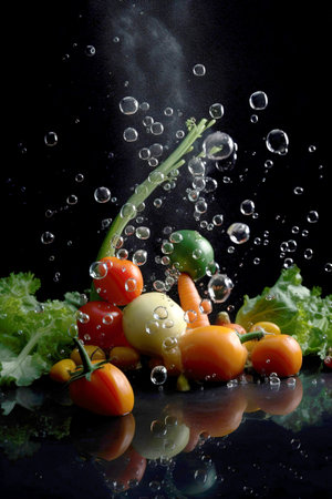 Black background with an assortment of fresh vegetables, fruits, and water splashes. Health food. Generative AIの素材