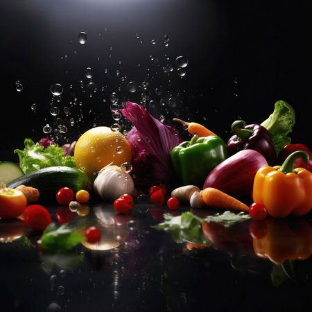 Black background with an assortment of fresh vegetables, fruits, and water splashes. Health food. Generative AIの素材