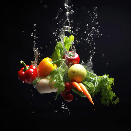 Black background with an assortment of fresh vegetables, fruits, and water splashes. Health food. Generative AIの素材