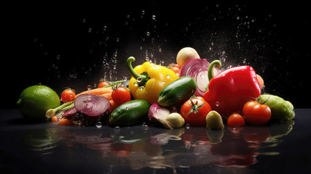 Black background with an assortment of fresh vegetables, fruits, and water splashes. Health food. Generative AIの素材