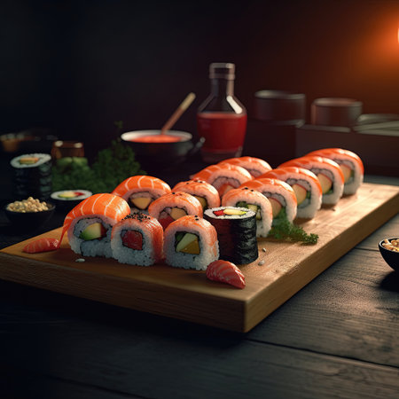 Sushi Rolls in a Warm and Inviting Setting: Isolated on a Cozy Background. Great for Your Menu, Food, or Culinary Illustrations. Generative AI.の素材