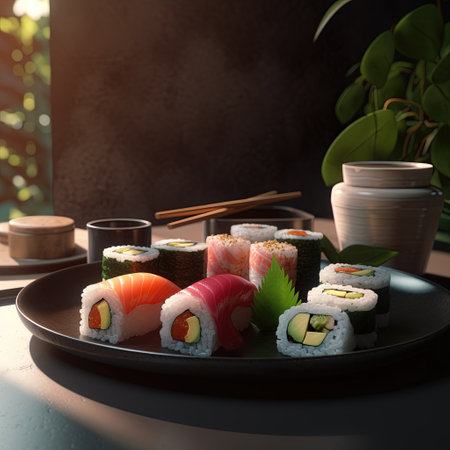 Sushi Rolls in a Warm and Inviting Setting: Isolated on a Cozy Background. Great for Your Menu, Food, or Culinary Illustrations. Generative AI.の素材