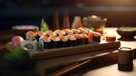 Sushi Rolls in a Warm and Inviting Setting: Isolated on a Cozy Background. Great for Your Menu, Food, or Culinary Illustrations. Generative AI.の素材