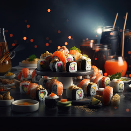 Sushi Rolls in a Warm and Inviting Setting: Isolated on a Cozy Background. Great for Your Menu, Food, or Culinary Illustrations. Generative AI.の素材