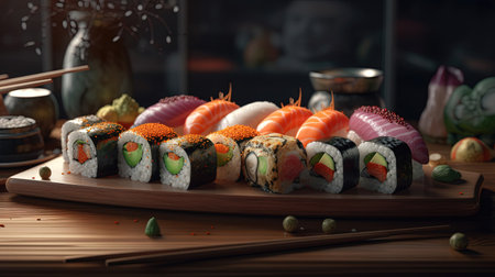 Sushi Rolls in a Warm and Inviting Setting: Isolated on a Cozy Background. Great for Your Menu, Food, or Culinary Illustrations. Generative AI.の素材